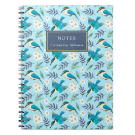 Cute Blue Kingfisher Birds Floral Pattern Name Notitieboek
