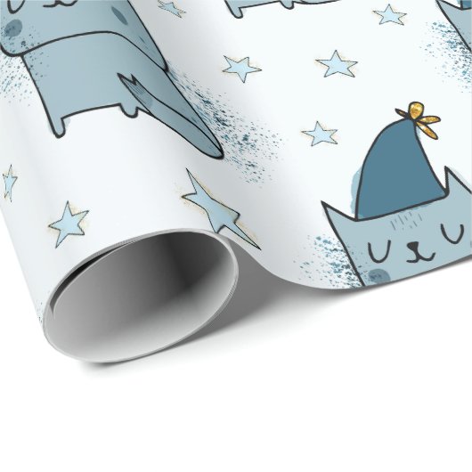Cute Blue Kitty Cat Kinder Kerstmis Cadeaupapier (Rol Hoek)