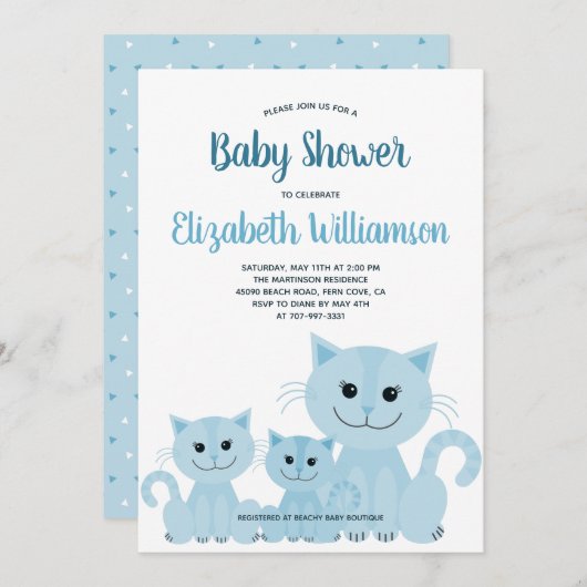 Cute Blue Kitty Cat Kitten Boy Modern Baby shower Kaart (Voorkant / Achterkant)