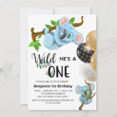 Cute Blue Koala Wild One Boy First Birthday Party Kaart (Voorkant)