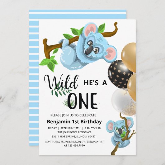 Cute Blue Koala Wild One Boy First Birthday Party Kaart (Voorkant / Achterkant)