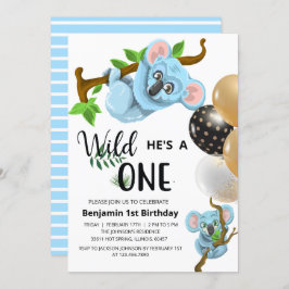 Cute Blue Koala Wild One Boy First Birthday Party Kaart