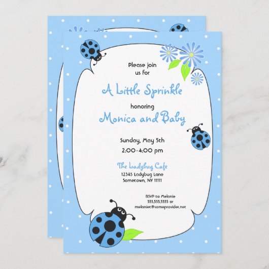 Cute Blue Ladybug Invitation Kaart (Voorkant / Achterkant)