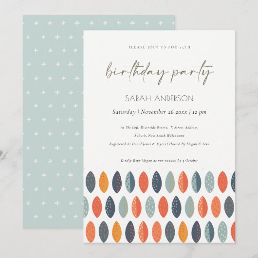 Cute Blue Leafy Botanical any Age Birthday Invite Bedankkaart (Voorkant / Achterkant)