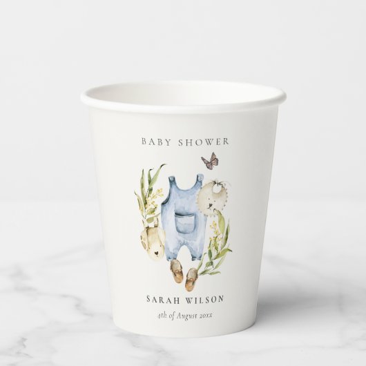 Cute Blue Leafy Foliage Boy Clothes Baby shower Papieren Bekers (Achterkant)