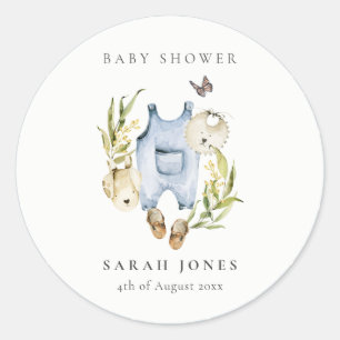 Cute Blue Leafy Foliage Boy Clothes Baby shower Ronde Sticker