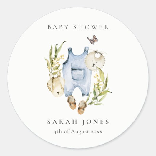 Cute Blue Leafy Foliage Boy Clothes Baby shower Ronde Sticker (Voorkant)