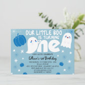 Cute Blue Little Boo Halloween First Birthday Kaart (Staand voorkant)