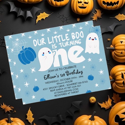 Cute Blue Little Boo Halloween First Birthday Kaart