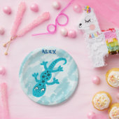 Cute Blue Lizard Gecko Birthday Name Papieren Bordje (Feest)