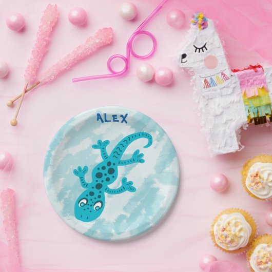 Cute Blue Lizard Gecko Birthday Name Papieren Bordje (Feest)