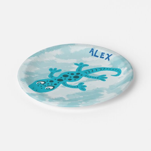 Cute Blue Lizard Gecko Birthday Name Papieren Bordje (Gekanteld)