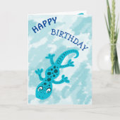 Cute Blue Lizard Gecko over Blue Happy Birthday Kaart (Voorkant)