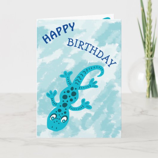 Cute Blue Lizard Gecko over Blue Happy Birthday Kaart (Voorkant)