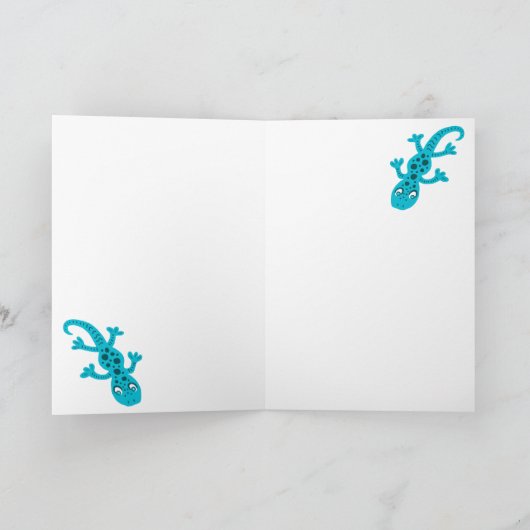 Cute Blue Lizard Gecko over Blue Happy Birthday Kaart (Binnen)