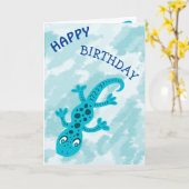 Cute Blue Lizard Gecko over Blue Happy Birthday Kaart (Gele Bloem)