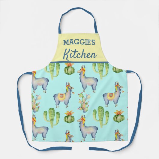 Cute Blue Llama Cactus Succulent Pattern Kitchen Schort (Voorkant)