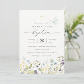 Cute Blue Meadow Floral Butterfly Baptism Invite Bedankkaart (Staand voorkant)