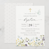 Cute Blue Meadow Floral Butterfly Baptism Invite Bedankkaart (Voorkant / Achterkant)