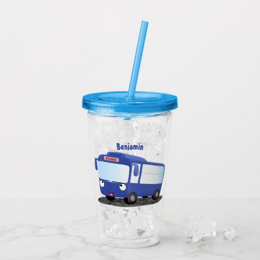 Cute blue modern bus cartoon illustratie acryl drinkbeker (Achterkant ijs)