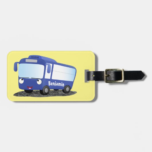 Cute blue modern bus cartoon illustratie bagagelabel (Voorkant horizontaal)