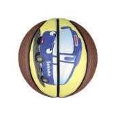 Cute blue modern bus cartoon illustratie basketbal (Verticaal)