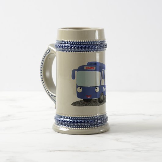 Cute blue modern bus cartoon illustratie bierpul (Voorkant links)