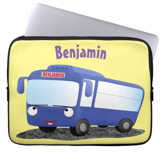 Cute blue modern bus cartoon illustratie laptop sleeve (Voorkant)