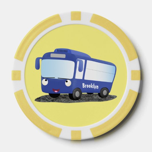 Cute blue modern bus cartoon illustratie poker chips (Voorkant)