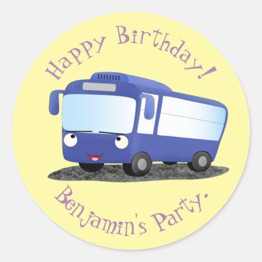 Cute blue modern bus cartoon illustratie ronde sticker (Voorkant)