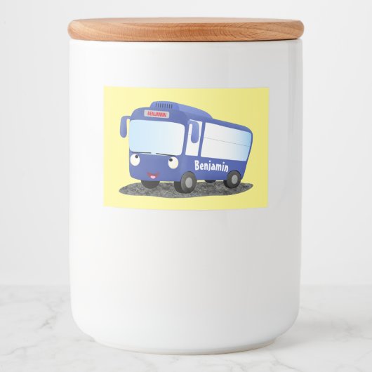 Cute blue modern bus cartoon illustratie voedselcontainer etiket (Voorkant)