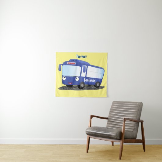 Cute blue modern bus cartoon illustratie wandkleed (In Situ (horizontaal))