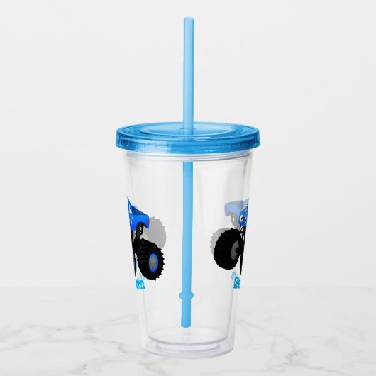 Cute blue monster truck cartoon illustratie acryl drinkbeker (Rechts)