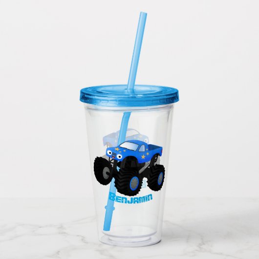 Cute blue monster truck cartoon illustratie acryl drinkbeker (Achterkant)