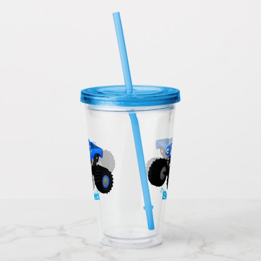 Cute blue monster truck cartoon illustratie acryl drinkbeker (Links)