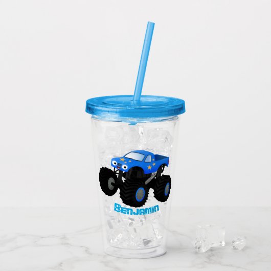 Cute blue monster truck cartoon illustratie acryl drinkbeker (Achterkant ijs)