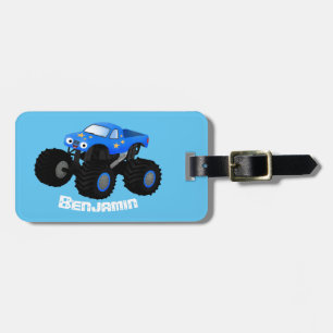 Cute blue monster truck cartoon illustratie bagagelabel