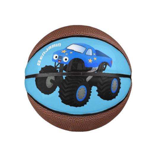 Cute blue monster truck cartoon illustratie basketbal (Voorkant)