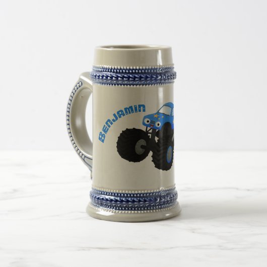 Cute blue monster truck cartoon illustratie bierpul (Voorkant links)