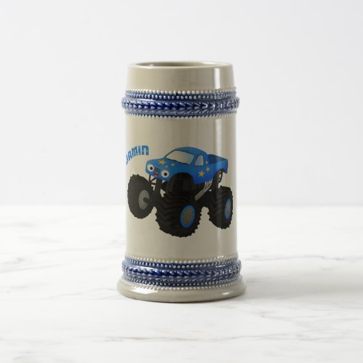 Cute blue monster truck cartoon illustratie bierpul (Center)
