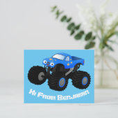 Cute blue monster truck cartoon illustratie briefkaart (Staand voorkant)