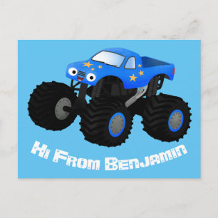 Cute blue monster truck cartoon illustratie briefkaart