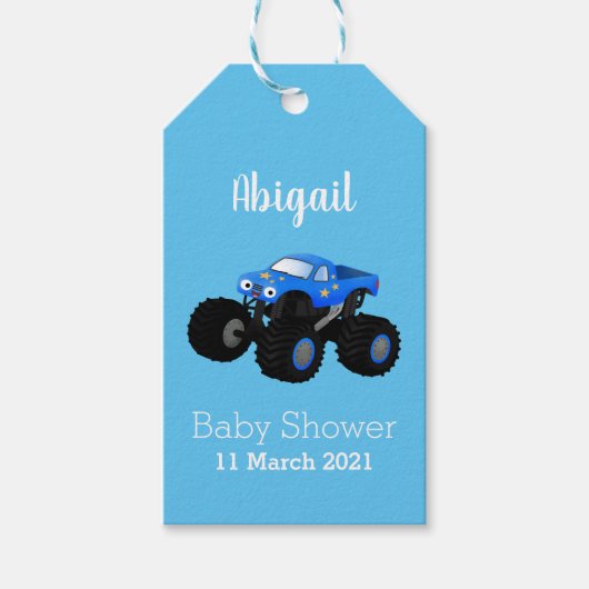 Cute blue monster truck cartoon illustratie cadeaulabel (Voorkant)