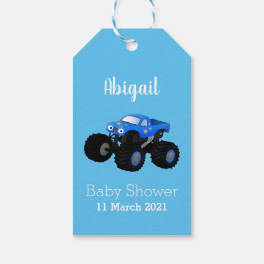 Cute blue monster truck cartoon illustratie cadeaulabel (Achterkant)