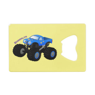 Cute blue monster truck cartoon illustratie creditkaart flessenopener