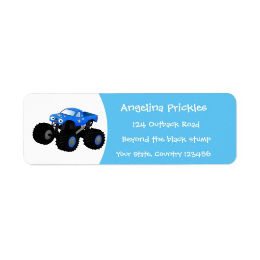 Cute blue monster truck cartoon illustratie etiket (Voorkant)