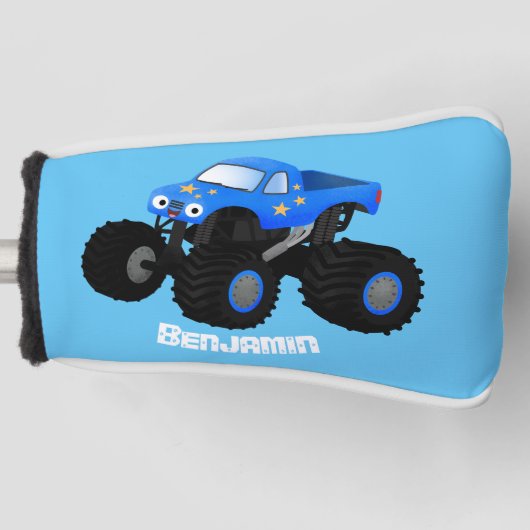 Cute blue monster truck cartoon illustratie golfheadcover (Voorkant)