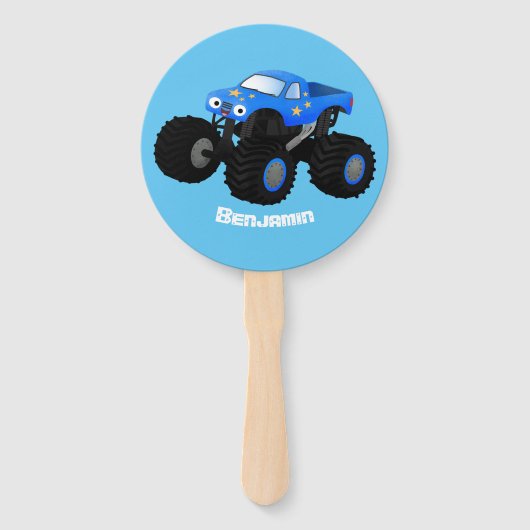 Cute blue monster truck cartoon illustratie handwaaier (Voorkant)