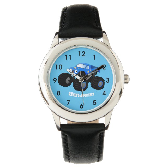 Cute blue monster truck cartoon illustratie horloge (Voorkant)