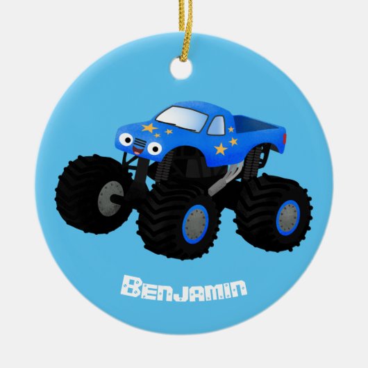 Cute blue monster truck cartoon illustratie keramisch ornament (Voorkant)